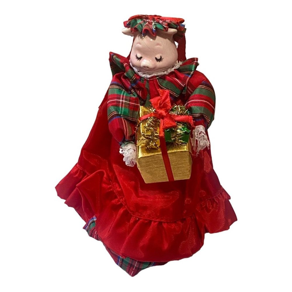 VTG 1980 Ceramic Christmas Pig Figure Plaid Dress Holding Presents Ornament 7”